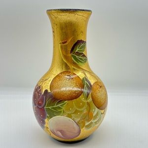 Vintage Hand-Painted Fruits & Gold Ceramic Vase Cottage Core or Italian Villa